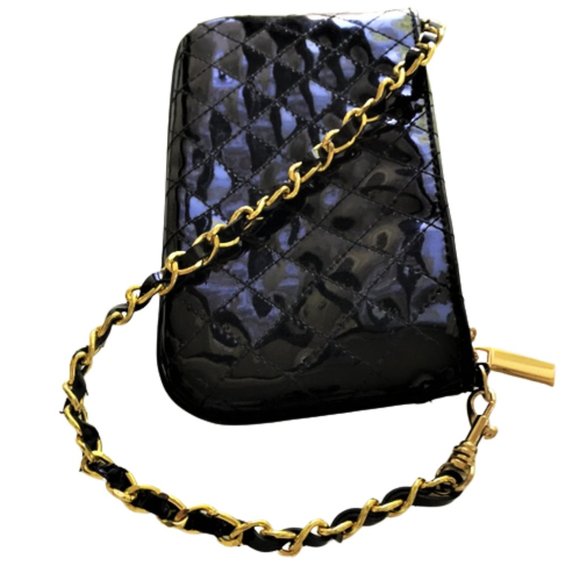 Mini Black Patent Leather Quilted Chain Strap Wristlet - Picture 3 of 7
